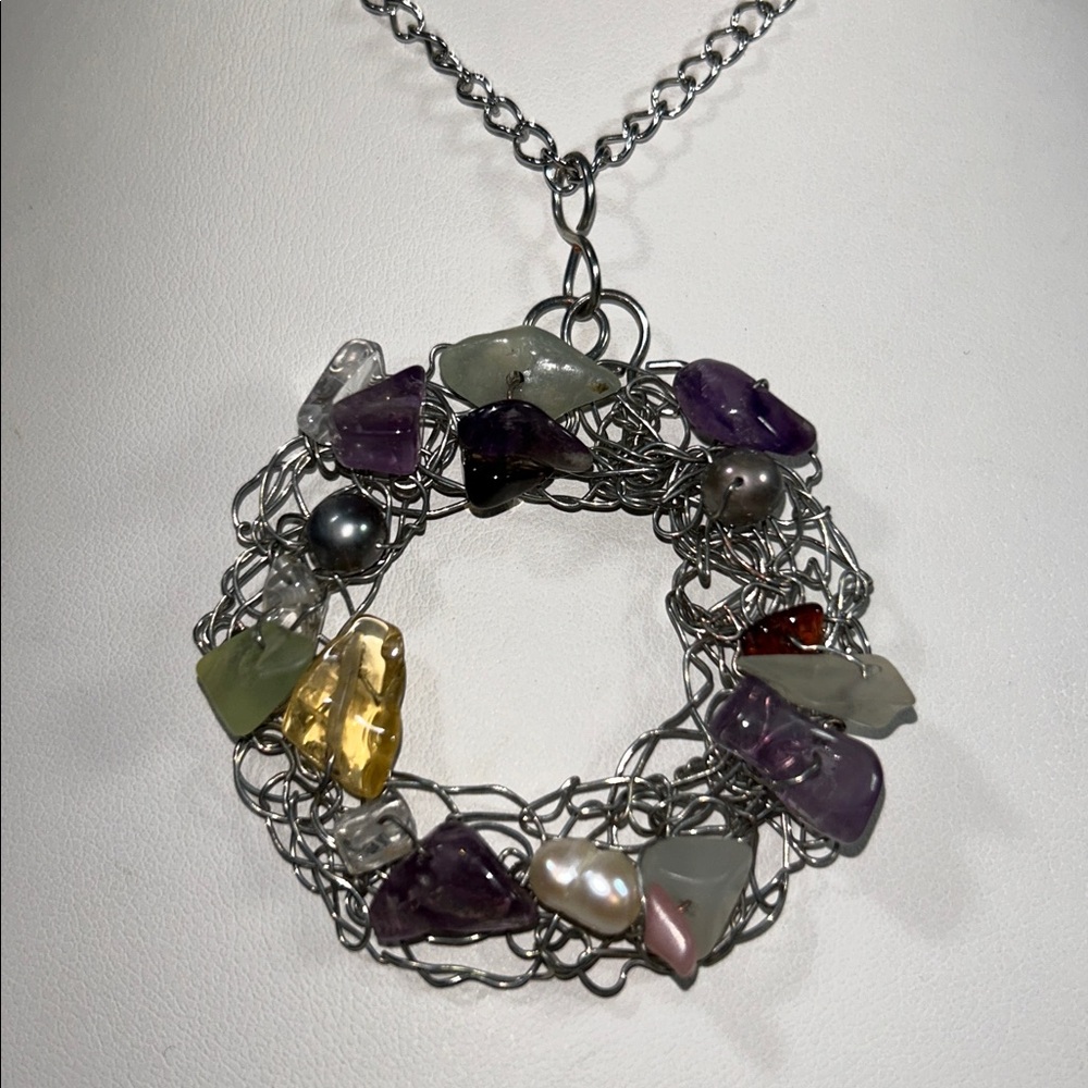 Artisan Handmade Unique Gemstone Encrusted Woven Circle Necklace